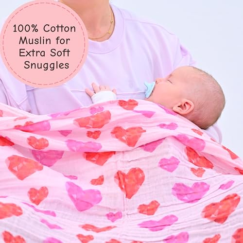 Image of LollyBanks Muslin Swaddle Blankets, 100% Cotton Baby Blankets for Girls, Soft and Lightweight 47 x 47 Inches Newborn Swaddle, Gentle Infant Blankets, Nursery Essentials (Gemstone Heart Print)