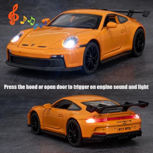 Image of 1:32 Porsche 911 GT3 Sport Car Model - Diecast Alloy Toy Vehicle with Pull Back Action, Sound, Light & Openable Doors, Hood & Trunk for Kids and Collectors (Orange)