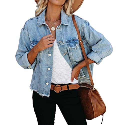 Women's Jean Denim Jacket Classic Trucker Shacket Button Up Frayed Cropped Loose Coats