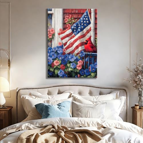 Image of RIBNTAK Patriotic Red, White & Blue Floral and Cardinal Wall Art, American Flag Garden Painting for Independence Day, Perfect for 4th of July Wall Decor and All-Season Home Display