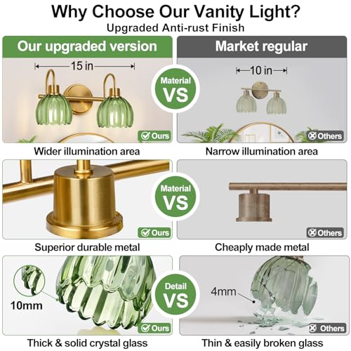 Image of 2-Light Bathroom Vanity Light, Brushed Gold Vanity Wall Light Over Mirror with Ribbed Green Tulip Glass Shade, Bathroom Light Fixtures for Bedroom, Living Room, Hallway