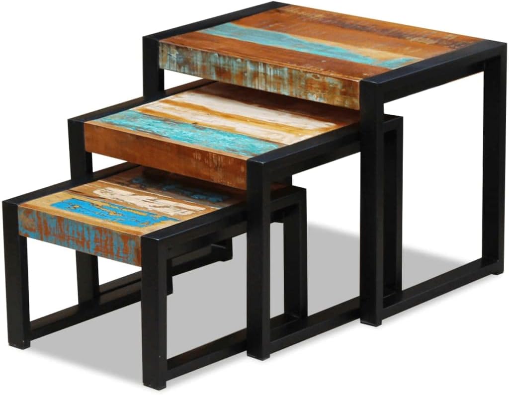 Three Piece Nesting Tables,Sofa Table,Side Tables,Coffee Table,Fully Handmade,Polished, Partly Painted and Waxed,for Small Space, Living Room, Bedroom, Office, Solid Reclaimed Wood