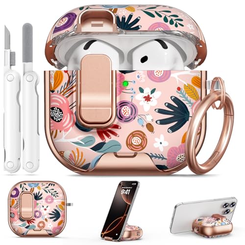 Image of for AirPods 4 Case, with Safty Lock & Phone Stand for Floral AirPods 4th Generation Case Cover for Women Girly, iPod 4 Case with Keychain & Cleaner Kit - Pink Berry Flower