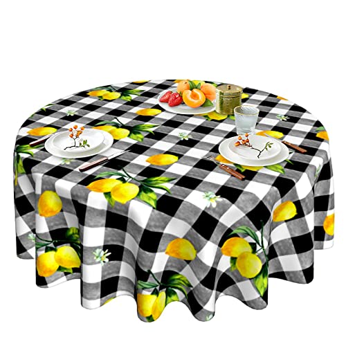 Lemon Tablecloth Black And White Buffalo Plaid Tablecloth Washable Reusable Fruit Table Cloth Round Tablecloth 60 Inch, For Parties Picnic Dining Room Table Decor #TOP22