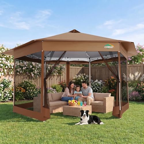 Image of COBIZI 16x16 Pop Up Gazebo Tent with Mosquito Netting, Gazebos on Clearance, Hexagonal Outdoor Canopy Shelter, Patented Center Lock 6-Sided Portable Gazebos, Pop Up Canopy Tent for Backyard, Brown