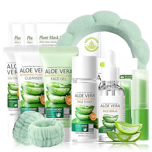 Aloe Vera Skin Care Set Geschenke für Frauen - Skincare Set - Pflegeset Damen - Beruhigend & Feuchtigkeitsspendend Gesichtspflege Set - Beauty Set Frauen Mit Toner,Serum,Gel,Gesichtsmaske