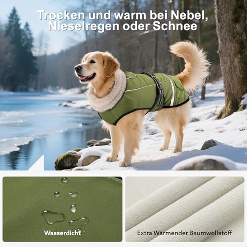 Woiil Hundemantel Wintermantel, Hundejacke Wasserdicht für Grosse Hunde mit Verstellbaren Schultergurten, Warm Hundemantel aus Fleece, Reflektierende Streifen,Geeignet für Labrador Olivgrün, XL