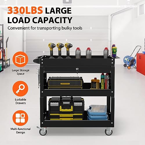 Image of 3 Tier Heavy Duty Rolling Tool Cart with Drawers, Large Storage Utility Cart on Wheels for Garage, Warehouse, Repair Shop (Black)