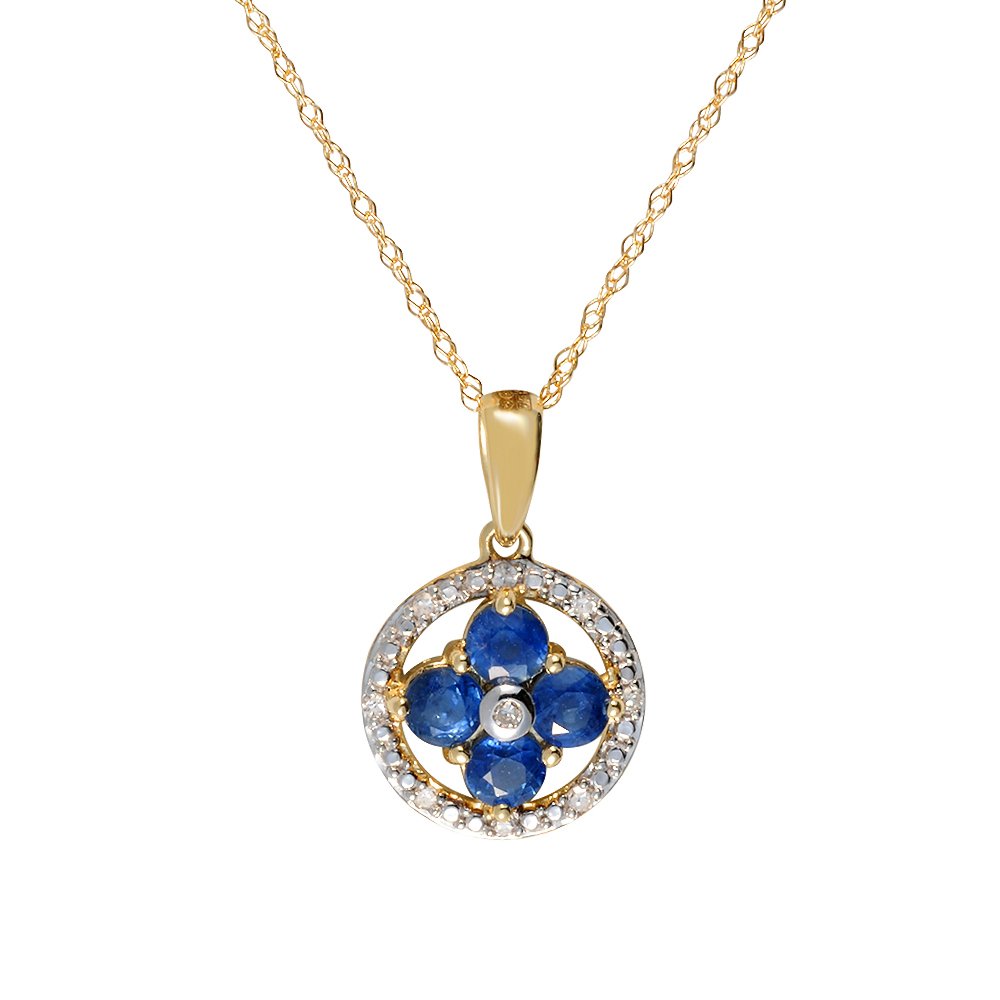 Ivy Gems9ct Yellow Gold Blue Sapphire and Diamond Flower Necklace with Prince of Wales Chain Length 46cm