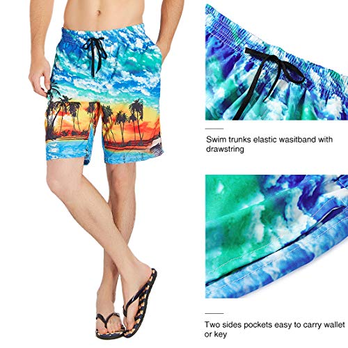 Mens Funny Swimming Trunks 3D Graphic Blue Hawaiian Palm Tree Board Shorts Long Beachwear Quick Dry Brazilian 80s Retro Basic Watershorts Summer Holiday Bathing Suits Hawaii Tropical Clothing