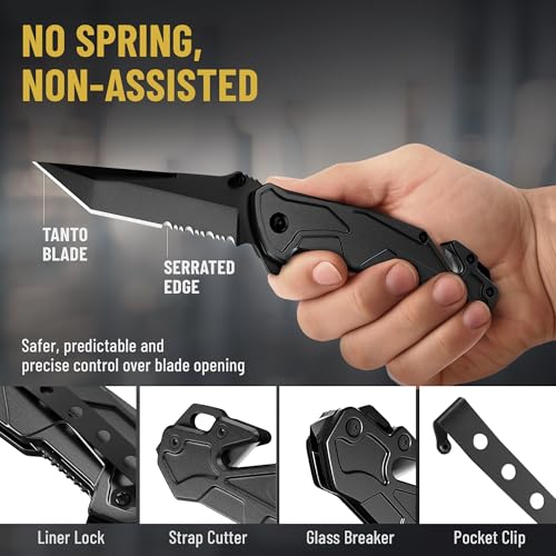 Image of 6.7 inch Compact Legal Pocket Knife with Bearing - 5 in 1 Knife - 2.8 inch Serrated Tanto Blade - with Glass Breaker & Seatbelt Cutter & Pocket Clip - Small Tactical Folding Knives for Men Women Hunting EDC Work 6620 B