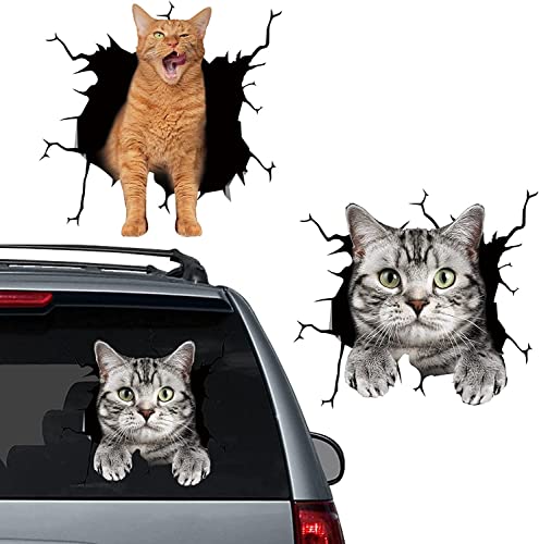 Autocollant Chat 3D de Voiture, Sticker Fenêtre Fissurée American Shorthair Réaliste Drôle, Décoration de la Maison de Camion de Voiture 2Pcs Cover