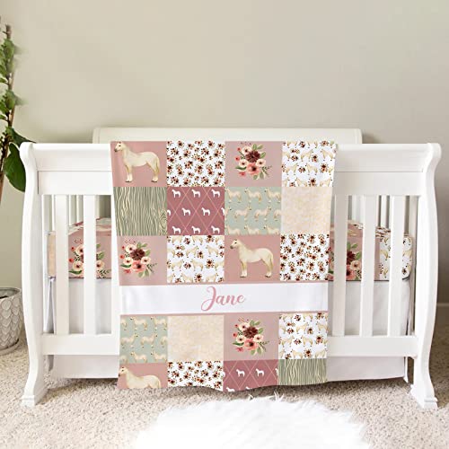 Personalized Crib Bedding Set for Baby Girls, Custom Baby Girl Crib Bedding Set with Name, Floral Horse Nursery Bedding, 2 Piece Baby Bedding Sets, Name Crib Comforter, Crib Fitted Sheets for Babies