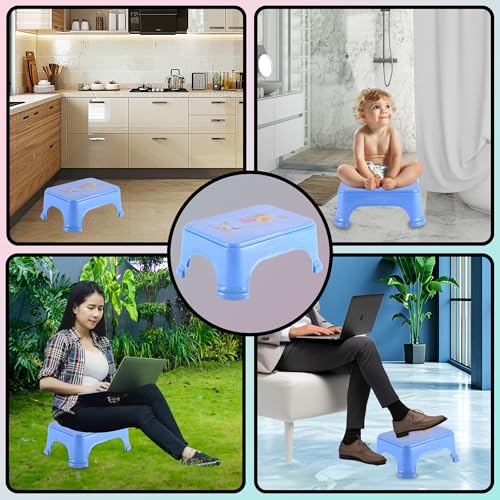Image of Kuber Industries Pack of 3 Bath Stool for Bathroom | Flower Print Square Stool | Bathroom Stool for Bathing | Plastic Stools for Sitting | Blue