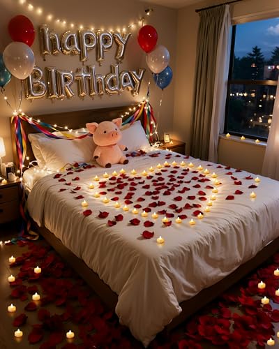 Image of Amagic 1000 Pieces Artificial Rose Petals with 12 Heart LED Tea Lights Candles Kit, Rose Petals and Candles Set for Proposal, Anniversary, Valentine's Day, Special Romantic Night, Wedding Table Decor