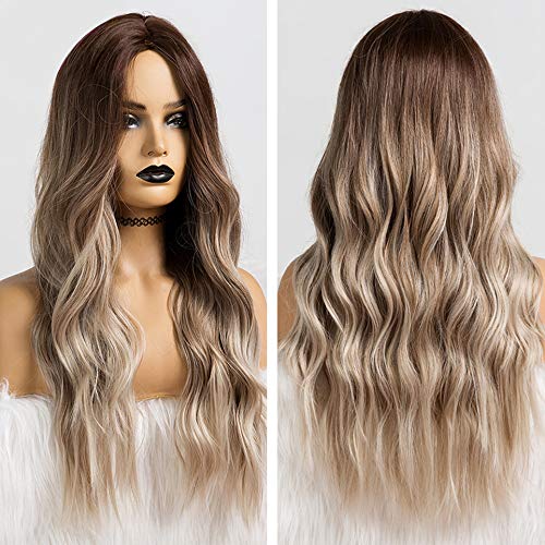 Alanhair Ombre Brown Gray Wig Middle Part Long Curly Women's Wigs 24 Inch Grey Hair Wigs for Women Synthetic Wigs