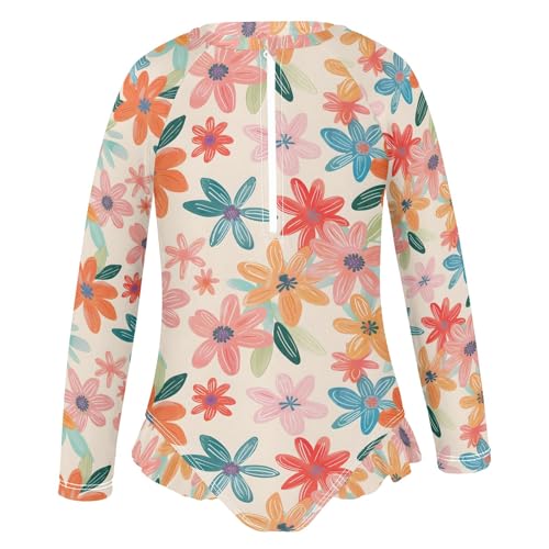 Flowers Colored Pattern Girls One Piece Rash Guard Swimsuit, Girls Long Sleeve Swimwear for 3-12Y2