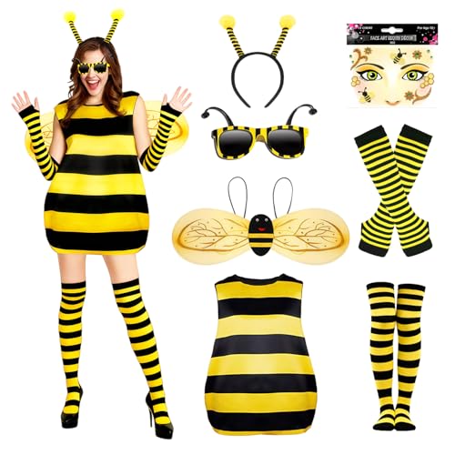 VerLuky Disfarce de abelha para adulto, disfarce de abelha mulher, acessórios de disfarces abelha com asas antena diadema autocolantes óculos de sol luvas meias para carnaval cosplay animais festa
