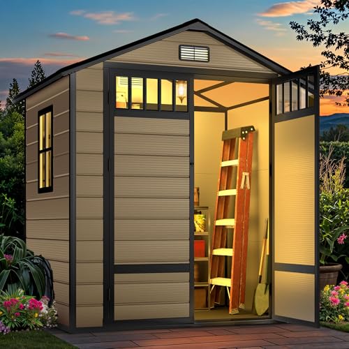 Image of DWVO 6x4.4 FT Resin Storage Shed with Fence-Style and Side Windows, Lockable Door, and Vents for Garden, Backyard, Patio, Lawn, Brown