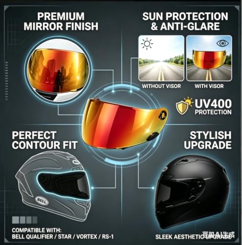 Image of PSLER Shatterproof Helmet Visor for Bell Qualifier & Qualifier DLX,Deep Red | Impact-Resistant ,UV400 Protection, Motorcycle Tinted Face Shield Replacement for Bell Qualifier /Star /Vortex /RS-1 /Revolver