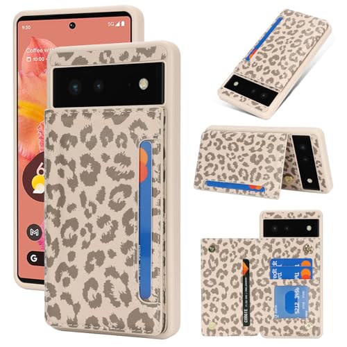 iCoverCase Compatible with Google Pixel 6 Case with Card Holder Wallet Phone Case for Women Men [RFID Blocking] PU Leather Protective Wallet Case for Pixel 6 (Beige Leopard)