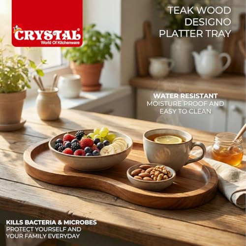 Image of Crystal Premium Teak Wood Designo Platter Tray | Wooden Serving Tray | Rustic Tray for Serving, Decoration, Storage |for Breakfast, Party, Restaurant, Coffee | Size :36 * 9 cm