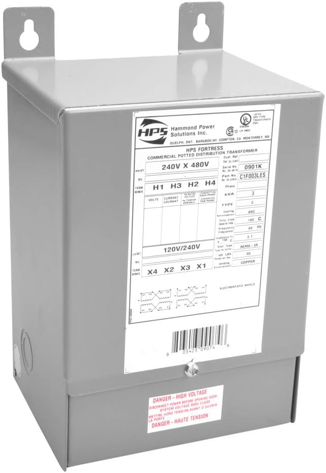 C1F003LES 1-Phase Copper Encapsulated Distribution Transformer 240/480 Volt Primary 120/240 Volt Secondary 3 KVA HPS Fortress