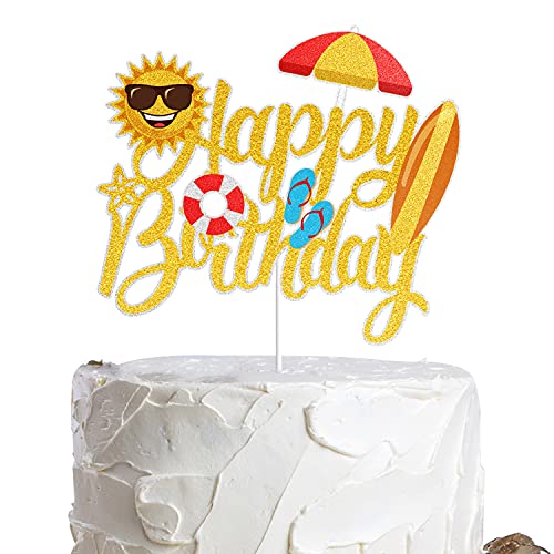 Summer Beach Happy Birthday Cake Topper Gold Glitter Summer Pool Swimming Surfing Party Decoration Summer Holiday Birthday Party Favor Supplies #TOP4