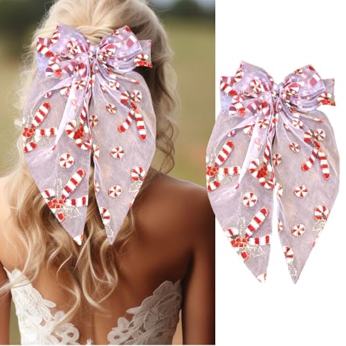 1 Pack Lazos de Navidad para Pelo para Mujeres y Niñas, Clip de Lazo Blanco de Tul de Malla con Cola Larga Sobredimensionada, Accesorios de Decoración para el Cabello miniatura 1