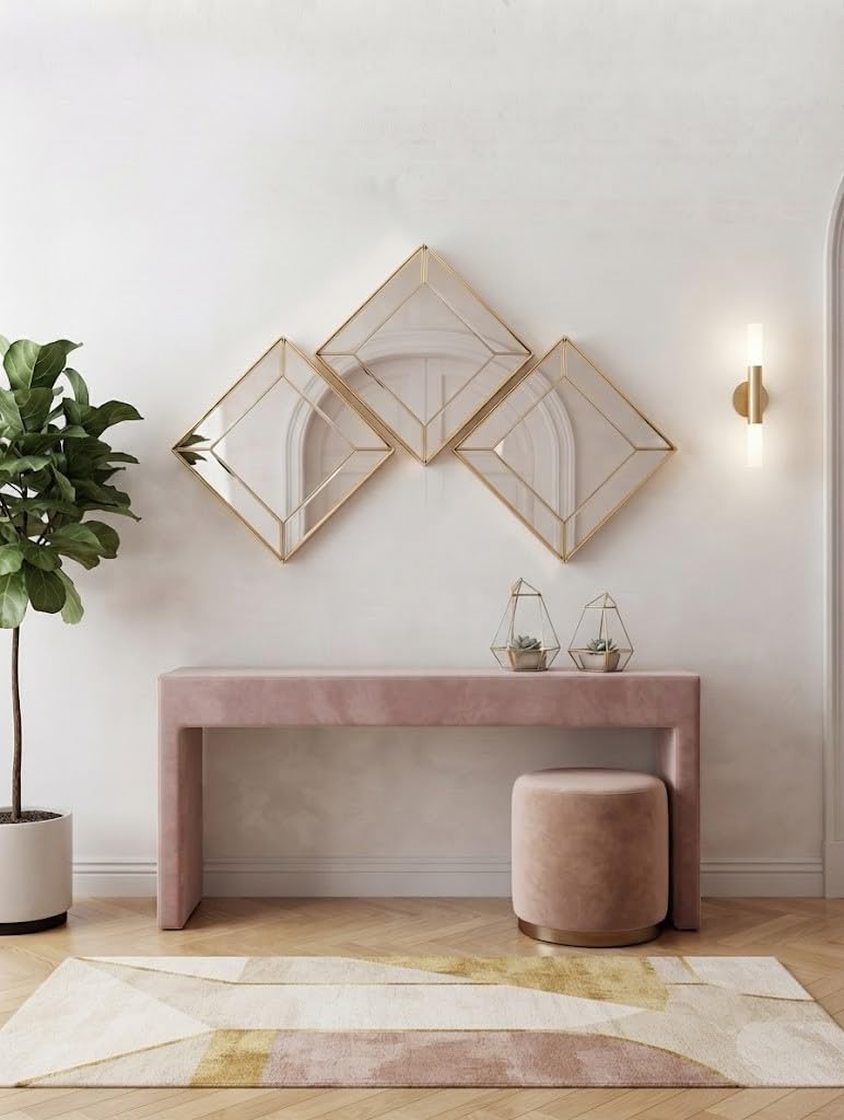 Biznest Pack Of Contemporary Gold Diamond Shape Wall Hanging Mirror Medium Size Bevelled Edges Styte Plastic Framed Home Furniture Décoration Present Idea 30x30Cm, 3