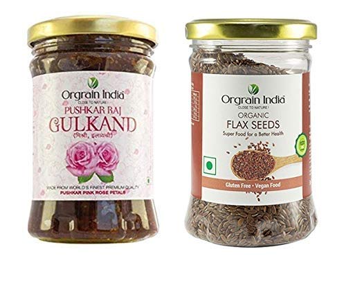 Orgrain India Pushkar Raj Gulkand (900g)- Pack of 3 x 300g with Organic Flax Seeds, 150g