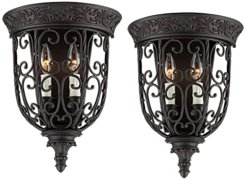 Image of Franklin Iron Works French Scroll Farmhouse Rustic Wall Light Sconces Set of 2 Rubbed Bronze Brown Metal Hardwired 10 1 /2 inch Fixture for Bedroom Bathroom Vanity Living Room Home Hallway Dining House