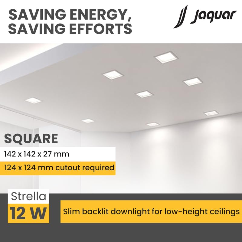 Image of Jaquar Strella Slim 12W Square Recess Down Light - Cool White, Energy Efficient LED Ceiling Light for Home and Office (Pack of 1)