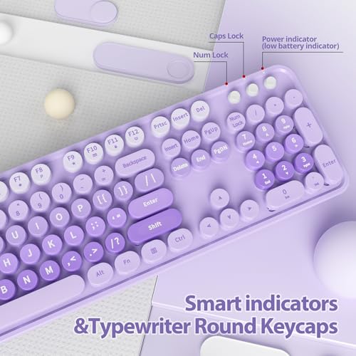 Image of Fogruaden Purple Retro Typewriter Keyboard and Mouse Wireless, 2.4GHz Office Full-Sized Colorful Computer Keyboard with Number Pad and Cute Mouse for Windows PC Desktops Laptop