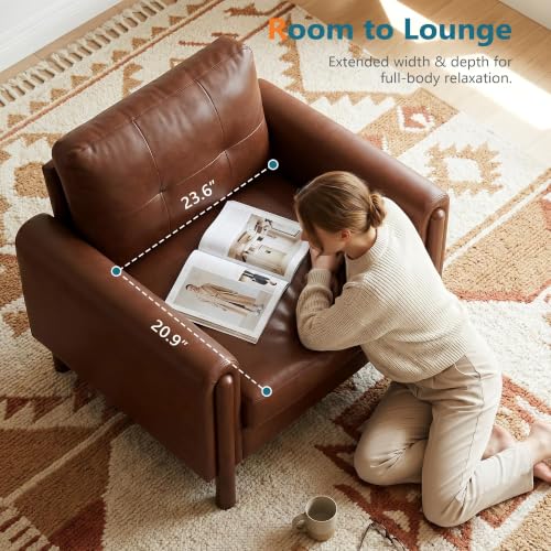 Image of STHOUYN 35 inch Brown Leather Oversized Accent Chair Set of 2 with Wood Armrests, Mid-Century Modern Tufted Living Room Chair, Comfy Reading Sofa Chair Lumbar Support & Thick Cushion Waiting Room Office