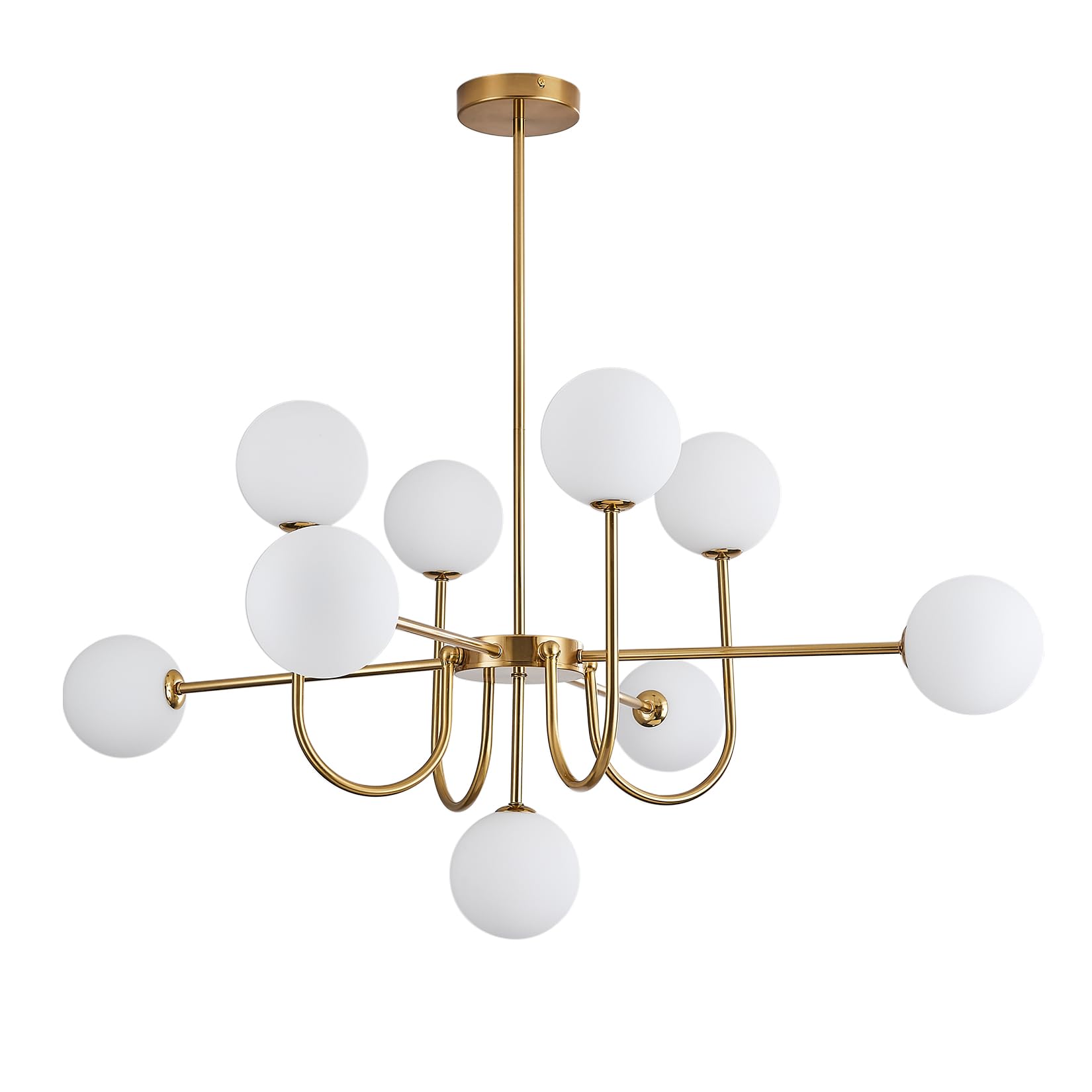 Moderne Sputnik Kronleuchter mit 9 weißen Glaskugeln, Gold Deckenleuchte, Vintage Pendelleuchte, halb eingebaute Deckenlampe für Wohnzimmer Schlafzimmer Küche und Esszimmer