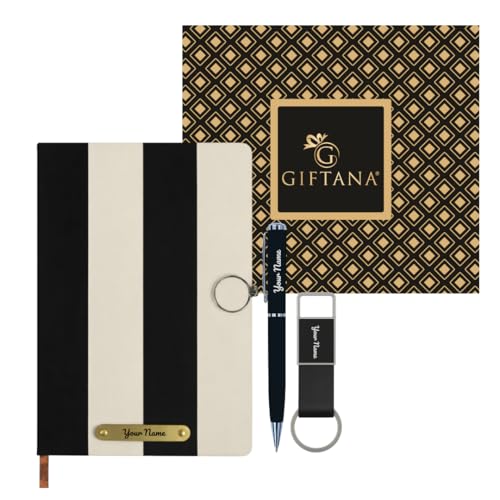 Image of Giftana 3 in 1 Personalized Diary with Pen and Keychain Gift Set for Men & Women, Leather Hardcover Diary, Customized Notebooks Diaries for Office, Employee Welcome Kit, Corporate Gifts for Employees (Black)