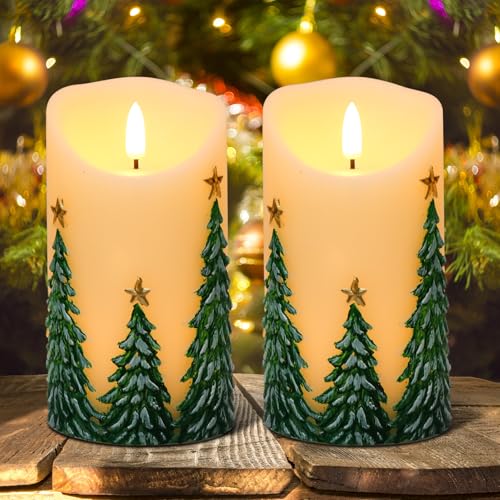 Image of Wondise Christmas Flameless Candles with Timer, Battery Operated Flickering 3D Wick Real Wax Christmas Tree Candles for Christmas Holiday Indoor Decoration, Set of 2, Ivory(D3 x H5.7 Inch)