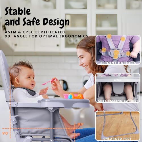 foldable baby high chair with easy clean double-layer tray adjustable foot rest safety first 5 point harness compact space saver baby feeding chair portable for travel