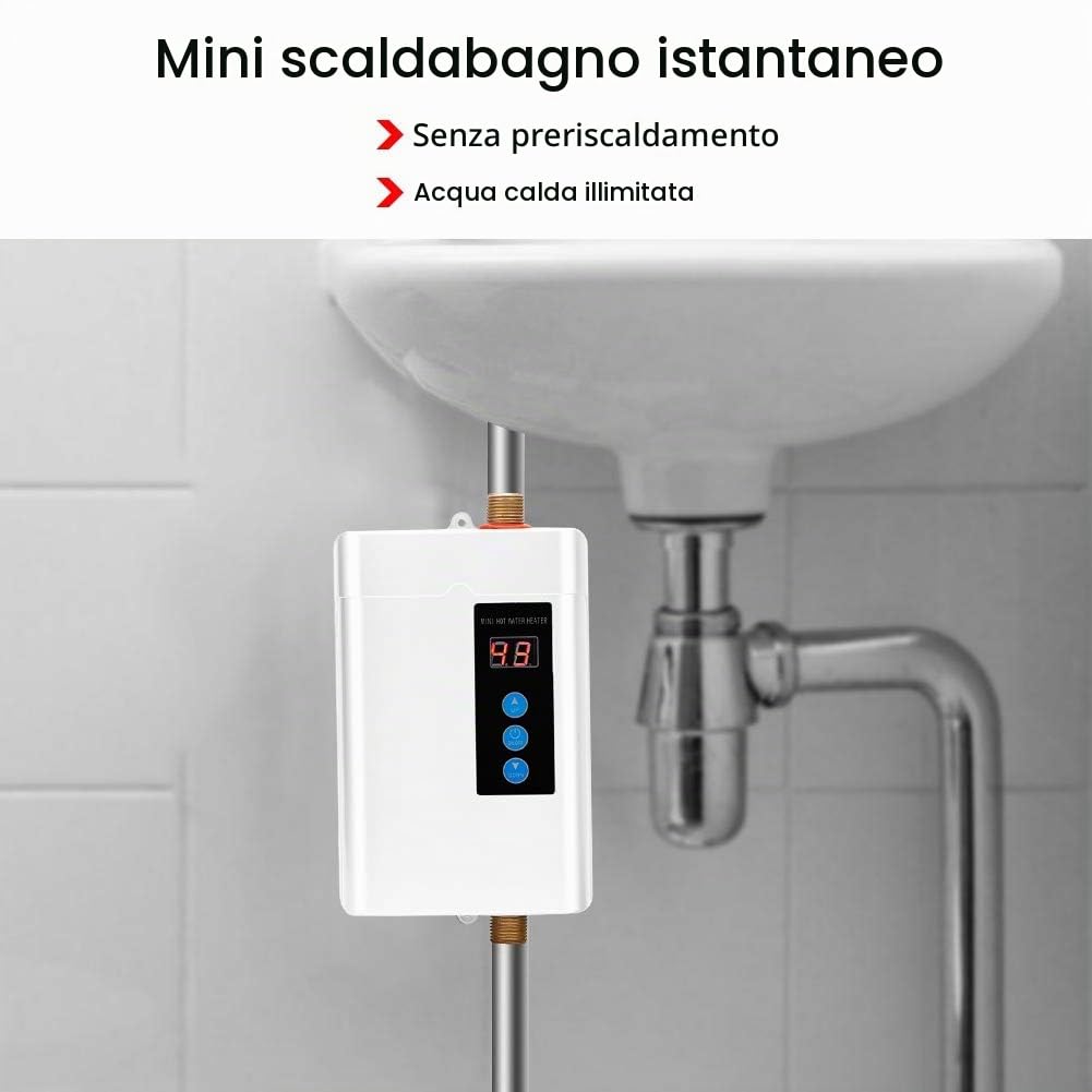 Focket Riscaldatore di Acqua Istantaneo, Mini Display LCD Touch-Screen Scaldabagno Elettrico Senza Serbatoio Riscaldatore di Acqua Calda per Uso Domestico con Funzione di Memoria(Bianco EU 4000W)