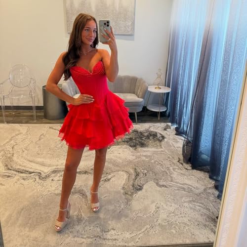 Strapless Tiered Short Homecoming Dresses for Teens Ruffle Chiffon Formal Mini Prom Dress3