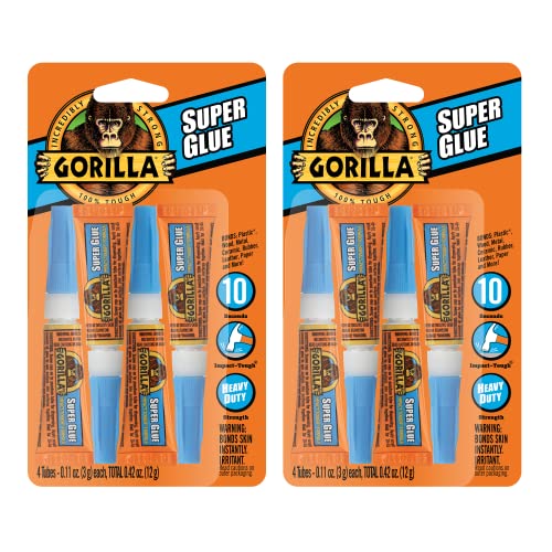 Gorilla Glue Super Glue Liquid, Cyanoacrylate Glue, Anti Clog Precision Cap, No Run Formula, Fast Setting, Clear, Four 0.11oz/3g Tubes, (Pack of 2)