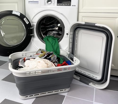 Image of SAMMART 42L (11 gallons) Collapsible Plastic Laundry Basket - Portable Pop Up Storage Container /Organizer - Portable Hamper - Space Saving Easy Storage (Grey /Steel Grey (Set of 2))