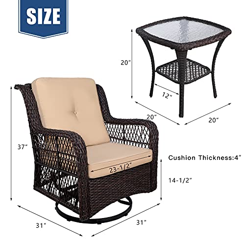 W Warmhol 3-Piece Patio Rocking Chairs Wicker Bistro Set Cushioned, Outdoor Glider Swivel Chair Rattan Furniture Sets With Thickened Cushion And Glass-Top Coffee Table (Beige Cushion) #TOP1