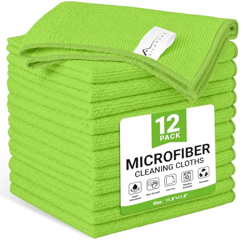 Image of SIFANGKE Microfiber Cleaning Cloth, 12 Pack Limegreen Cleaning Rags for Housekeeping, Reusable Microfiber Towels for Car, Kitchen, Bathroom and Household Cleaning Supplies, 11.8 inchX11.8 inch