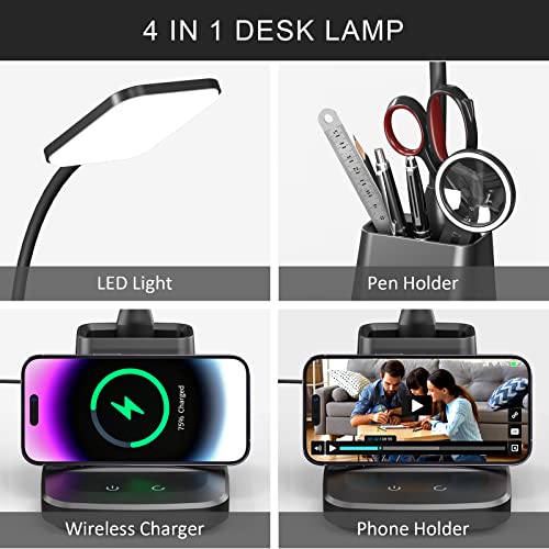 Vicsoon Desk Lamp With Wireless Charger, Led Desk Lamps For Home Office, 800 Lumens, Small Desk Lamp With Pen Holder, Flexible Arm, 3 Modes, Dimming, Touch Lamp For College Dorm Room, With Adapter #TOP1