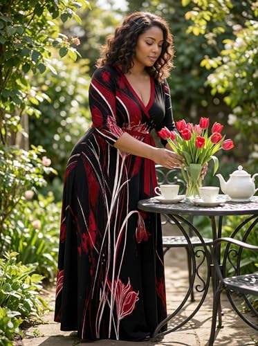 Image of SUZONANA Plus Size Dresses for Women Print Maxi Dresses Flowy 3 /4 Sleeve with Belt