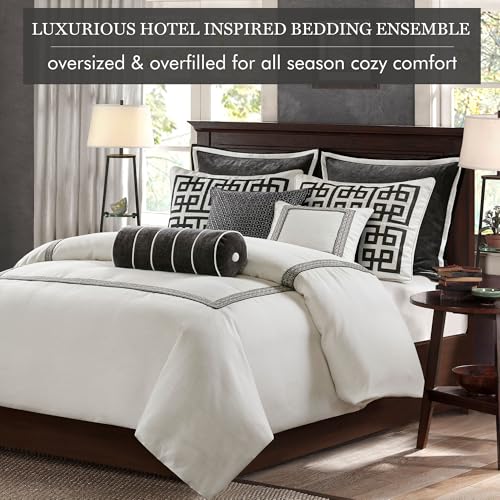 Image of Madison Park Signature Queen Comforter Set Hotel Style Embroidered, Oversized Comforters Queen Size Bed, All Season Down Alternative Overfilled Queen Size Comforter, Jarvis, Queen Black /White 8 Piece