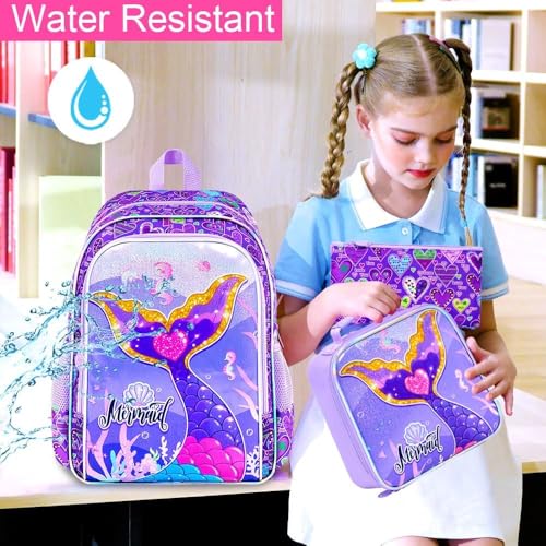 Image of 3Pcs Mermaid Backpack for Girls, 16 inch School Bookbag Set with Lunch Box,Kids Backpacks for Elementary Preschool Kindergarten (Purple)
