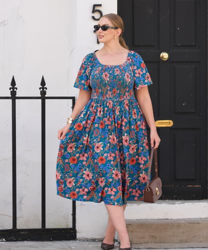 Image of RITERA Plus Size Dresses for Curvy Women Square Neck Short Sleeve Summer Floral Smocked Maxi Dress with Pocket XL-5XL